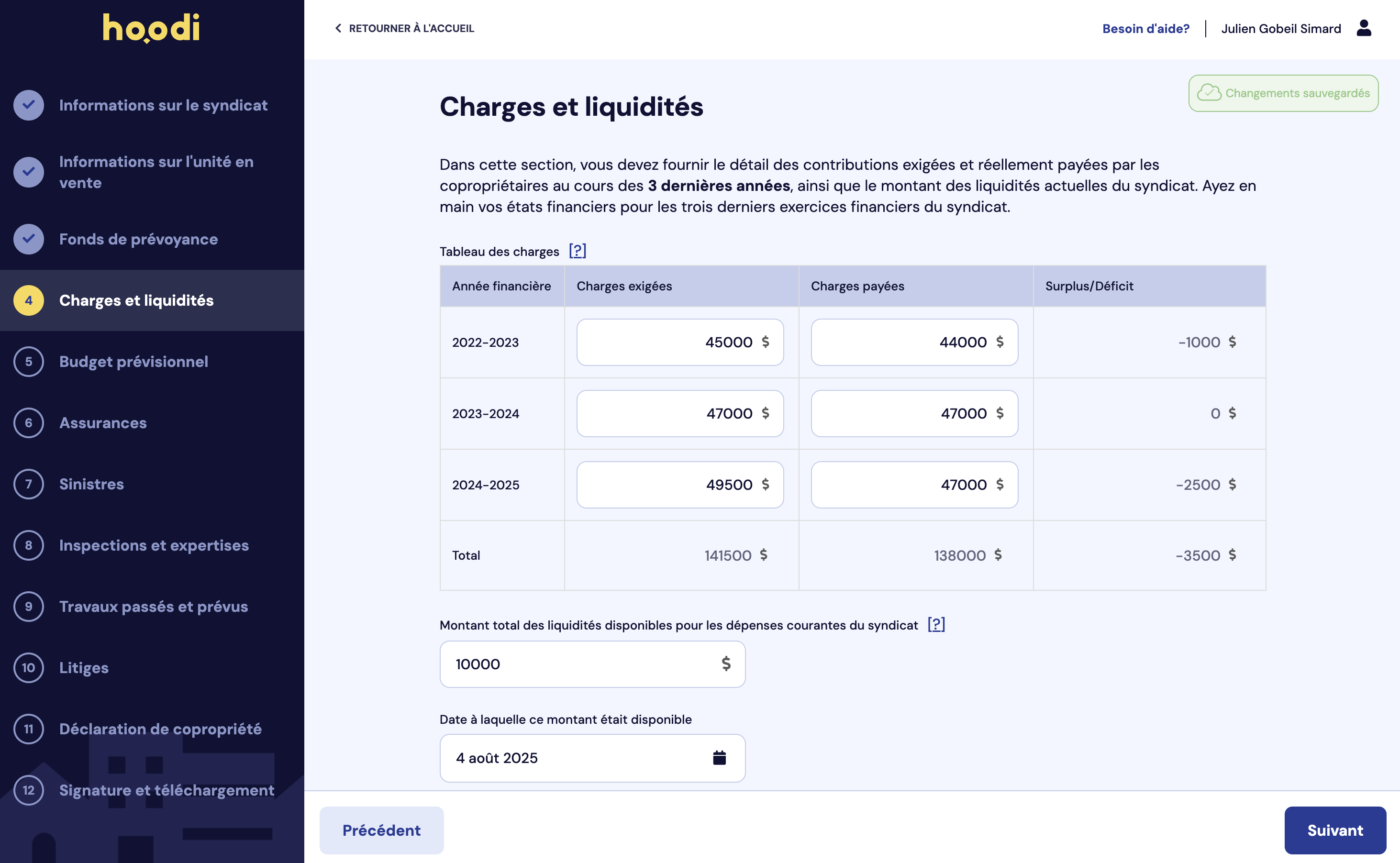 Exemple Attestation Condo - section Charges et liquidités